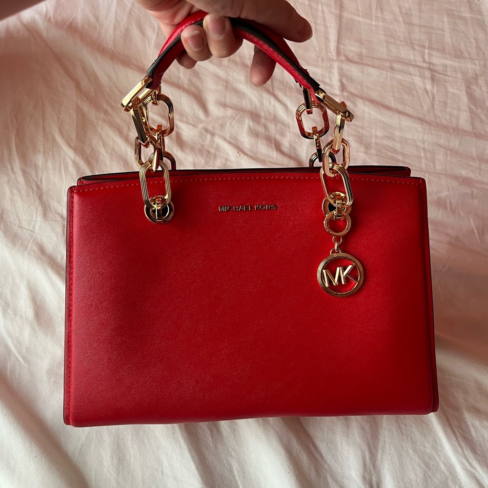 Michael Kors Red and Gold Satchel with Signature MK Charm